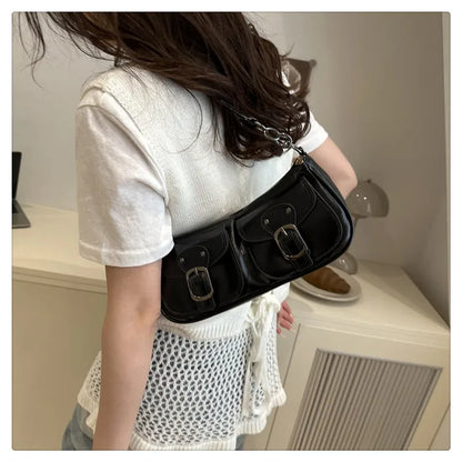 Fashion Pu Leather Women's Shoulder Bag Small Double Pocket Design Ladies Underarm Bags Y2k Vintage Female Handbags Clutch Purse