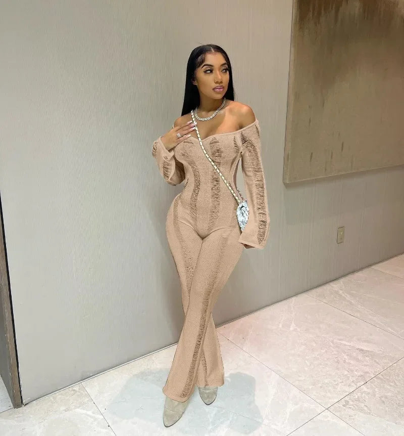 2024 Autumn Women Solid Knitted Jumpsuits Sexy Backless Hollow Off Shoulder Long Sleeve Stretch One Piece Overalls Casual Romper