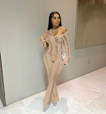 2024 Autumn Women Solid Knitted Jumpsuits Sexy Backless Hollow Off Shoulder Long Sleeve Stretch One Piece Overalls Casual Romper