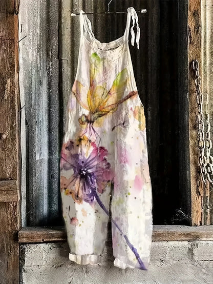 Summer Bohemian Floral White Daisy Print Baggy Jumpsuits Ladies Soft Cotton Linen Tie Strap Wide Leg Overalls Casual Daily Wear