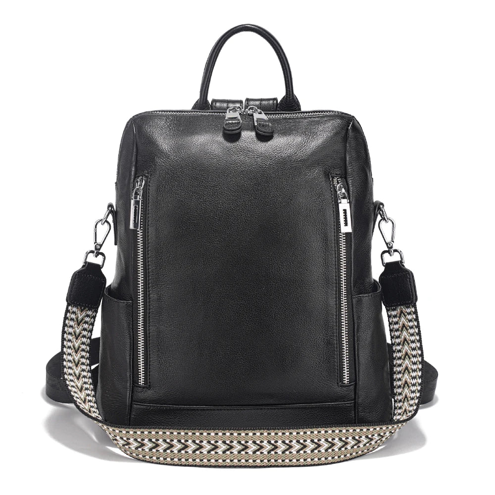 Zency Fashion Genuine Leather Backpack Knapsack Multi-pocket Day Pack Travel Convertible Shoulder Bag for Fall Winter Commuter
