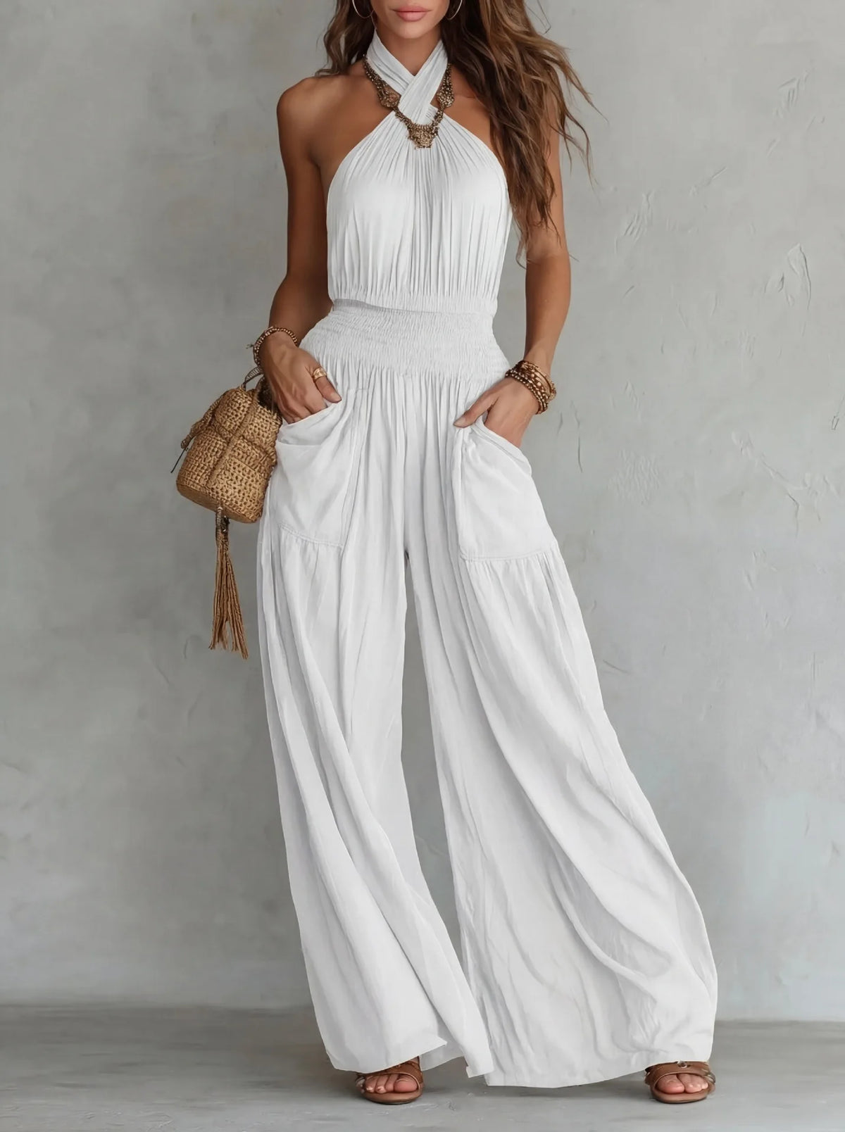 Retro Solid Women's Loose Wide Leg Jumpsuit Fashion Neck Hanging Design Sexy Backless Romper With Pocket Ladies Office Jumpsuits