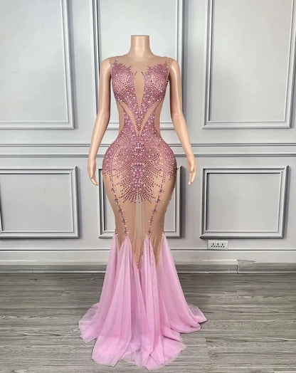Luxury Dinners Shine Rhinestone Pink Ball Dress for Women Elegant Cloak Dress Birthday Celebrate Prom Queen Fishtail Gown Chanyi