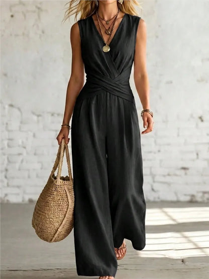 Fashion Light Blue Wide Leg Pants Jumpsuit Women's V-neck Sleeveless Cross Wrap Waist Design Rompers Summer Casual Jumpsuits