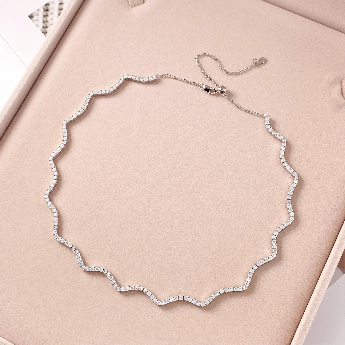 2mm Full Moissanite Wave Tennis Necklaces 925 Sterling Silver Luxury Bridal Necklace Adjustable Choker for Women Jewelry Gift