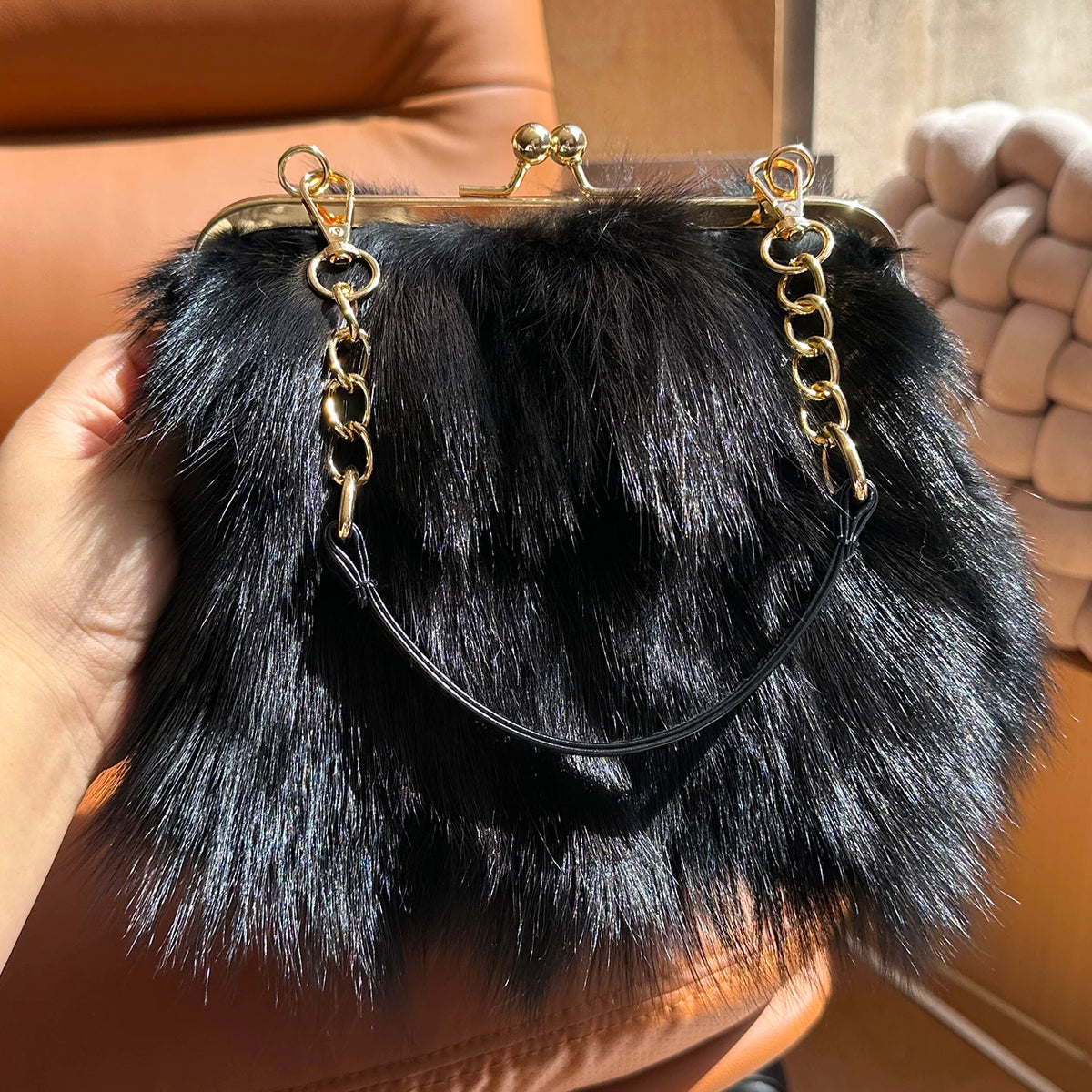 Real Fur Women Handbags Women Luxury Fox Fur Bag Fashion Female Furry Handbag Real Leather Evening Bag Natural Fur Shoulder Bag