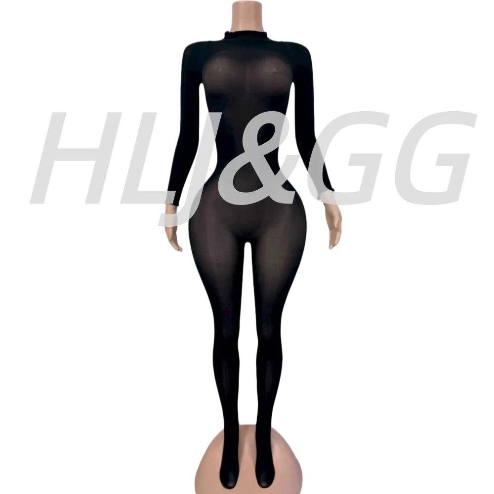 HLJ&GG Sexy Mesh See Through Bodycon Jumpsuits And Bodysuits Suits Women Long Sleeve Stretchy Playsuits Party Night Club Overall