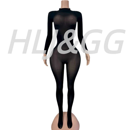 HLJ&GG Sexy Mesh See Through Bodycon Jumpsuits And Bodysuits Suits Women Long Sleeve Stretchy Playsuits Party Night Club Overall