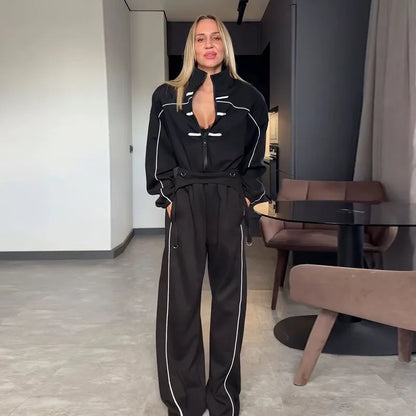 Casual Contrasted Color Women Jumpsuits Full Sleeve Stand Collar Waist-Closed Lady Rompers 2026 Autumn Winter Female Jumpsuit