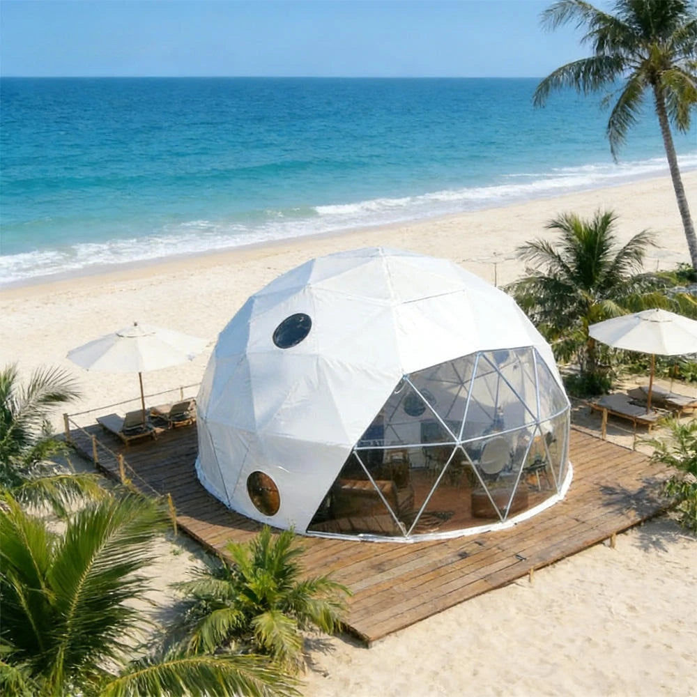 Hot Product Glamping Dome Tent 5m with Damp Proof PVC Windproof for Four Season Family Camping Resort With Dining Bath