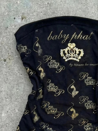 Crown Print Drawstring Waist Cinching Women's Tank Top American Y2K Millennium Hot Girl Style Black Bottom Gilded Strapless Vest