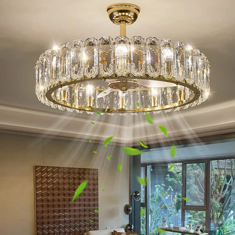 Nordic Luxury Crystal Ceiling Fan Light Modern Minimalist Dining Room Hotel Pendant Lights Living Room Bedroom Silent Fan lamp