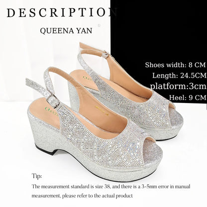 Queena Yan Sky Blue Elegant Nigerian Rhinestone Wedding Shoe and Bag Set Italian Inspired High Heels and Matching Handbag