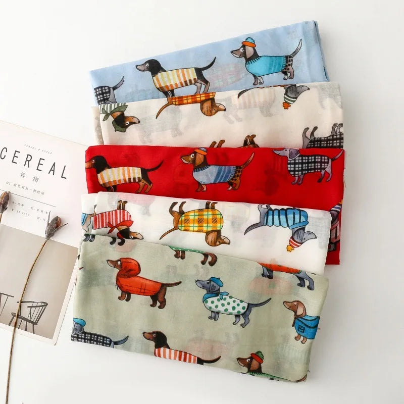 Cozy Dachshund Dog Cat Pattern Viscose Shawl for Women - 180x90Cm Fringe Detail Breathable Thin Wrap Scarves Autumn/Winter Snood