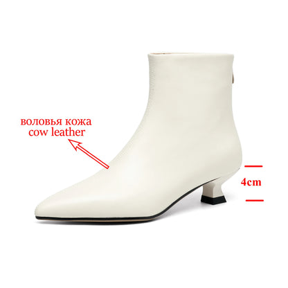 Plus Size 34-42 Genuine Leather Pointed Toe Med Heels Zipper Modern Boots Winter Autumn Shoes Concise Elegant Dress Ankle Boots