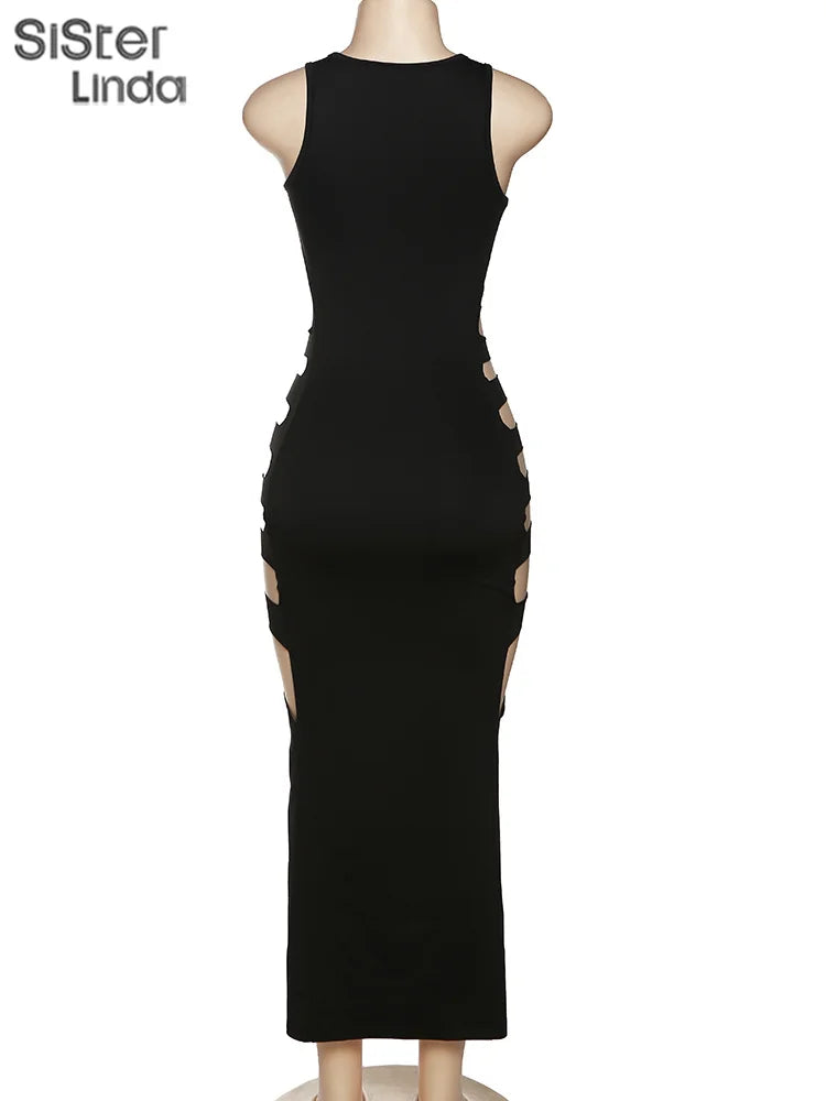Sisterlinda Sexy Hollow Elegant Midi Dress Women 2023 Summer Sleeveless Hipster Side Split Bodycon Party Clubwear Vestidos Mujer