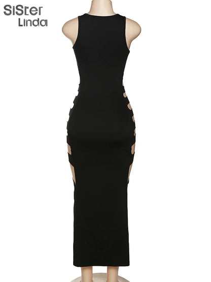 Sisterlinda Sexy Hollow Elegant Midi Dress Women 2023 Summer Sleeveless Hipster Side Split Bodycon Party Clubwear Vestidos Mujer