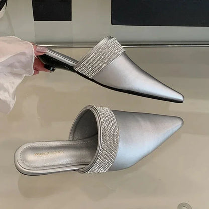 Pointy Toe Mules Women Slides Sandals Luxury Rhinestones Dress Shoes Summer 2025 Low Heel Gold Designer Slippers Ladies Pumps