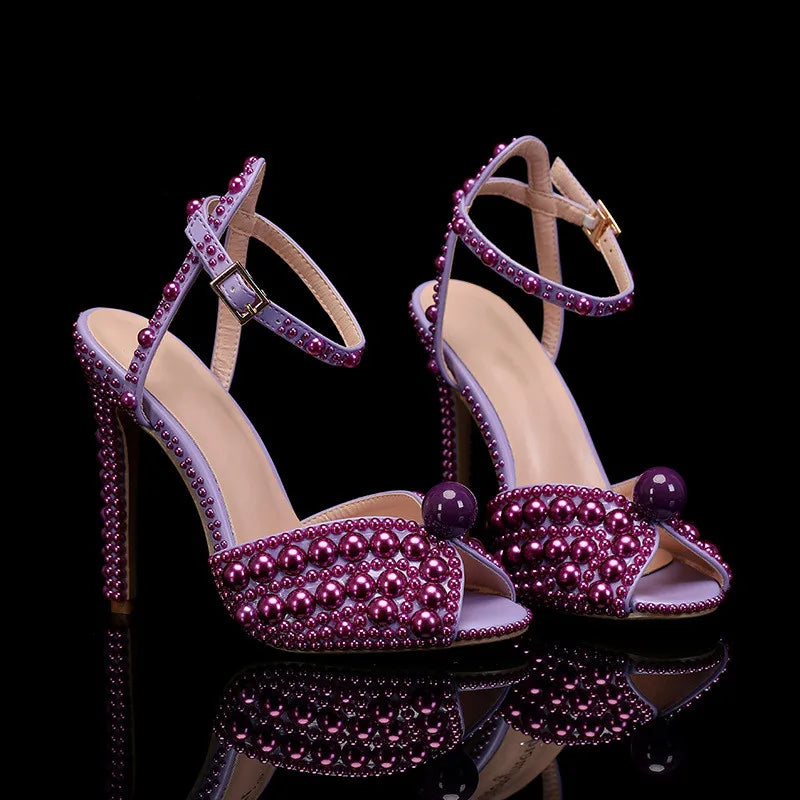 Luxury Handmade Pearl Peep Toe Women Sandals Fashion Summer Wedding Princess Thin High heels Elegant Party Prom Bridal Shoes