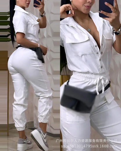 Short Sleeve Pocket Design Cuffed Cargo Jumpsuit Women Summer Solid Color Playsuits Jumpsuits Pants High Waist