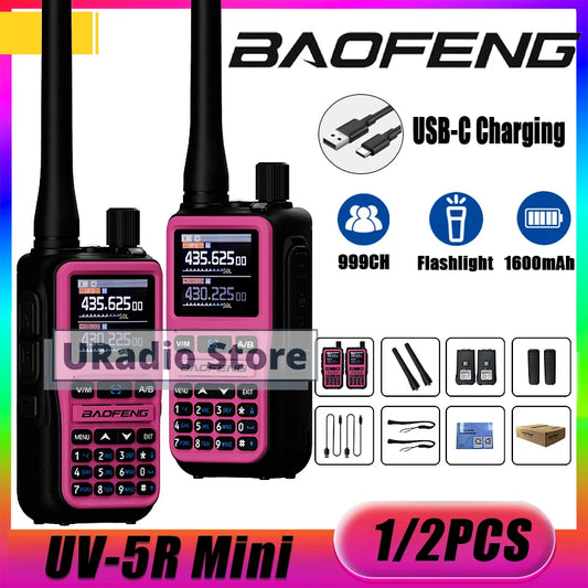 Baofeng UV-5R Mini Walkie Talkie BF-5R Mini Ham Two Way Radio Pink Dual Display USB-C 999 Channel AM For Camping Hiking Hunting