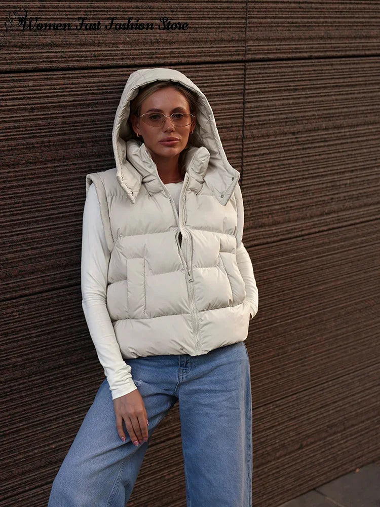 Detachable Sleeve Hooded Quilted Jackets 2026 Winter Ladies Solid 2-in-1 Zippers Waistcoat Cotton Coats Women's Warm Outwear
