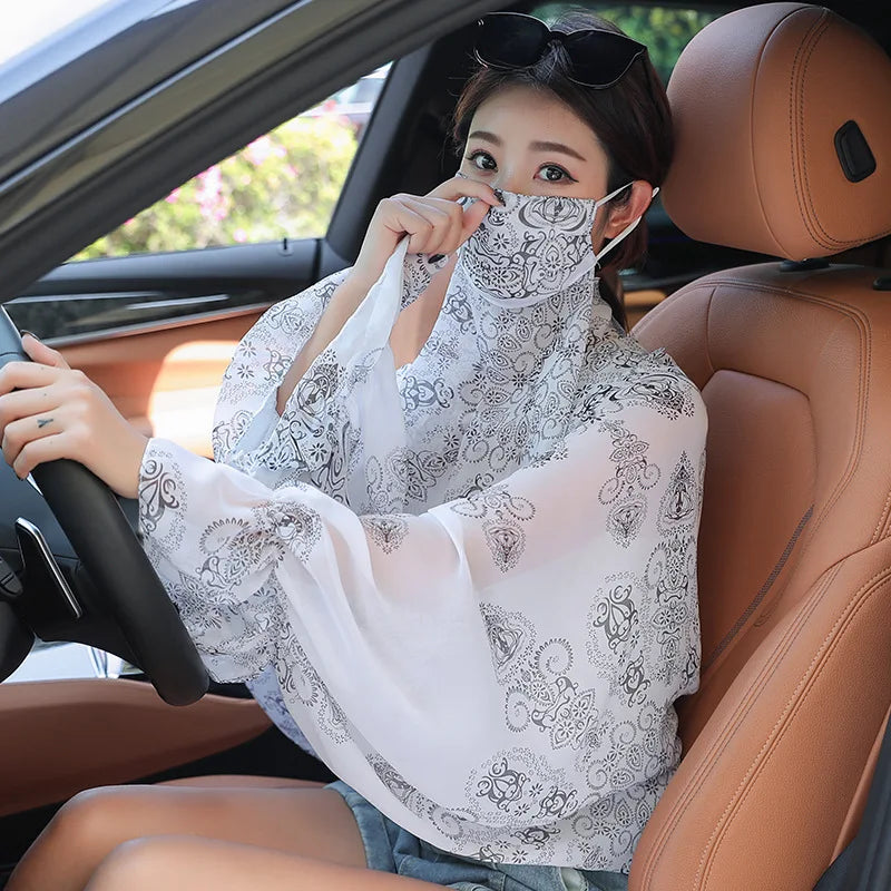 Cycling Sun Protection Shawl Driving Ice Silk Neck Face Cover Scarf Cooling Outdoor Cover Up Breathable Long Flared Sleeve Cape