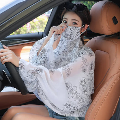 Cycling Sun Protection Shawl Driving Ice Silk Neck Face Cover Scarf Cooling Outdoor Cover Up Breathable Long Flared Sleeve Cape