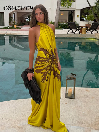 2026 Summer Printed Halter Maxi Dress Women Sleeveless Pleated Chic Satin Long Dresses Fashion Vacation Beach Party Lady Robe