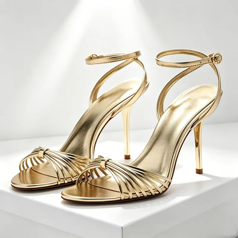 Elegant Ankle Strap Narrow Band Heeled Sandals Women Open-Toe High Heels for Ladies Luxury Metal Buckle Details Designer Shoes