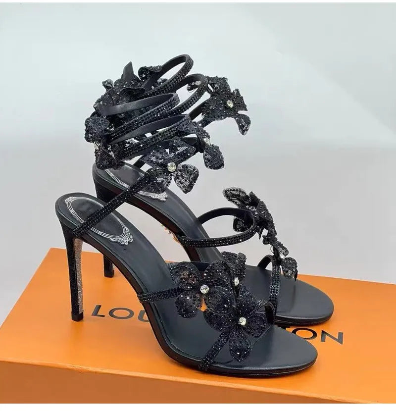 Luxury Rhinestones Flowers Women Gladiator Sandals Sexy Snake Twine Ankle Strap High heels Summer Wedding Prom Shoes Sandalias