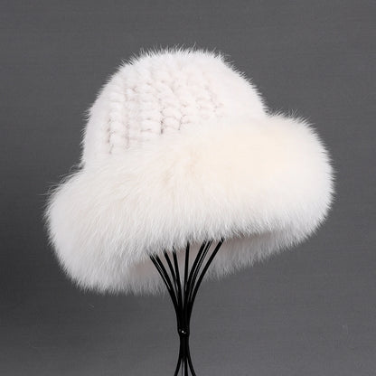 Women's Winter Warm Genuine Premuim Mink Fur Knitted Bucket Hat Furry Real Fur Caps Big Fox Fur Trim Brim Adjustable