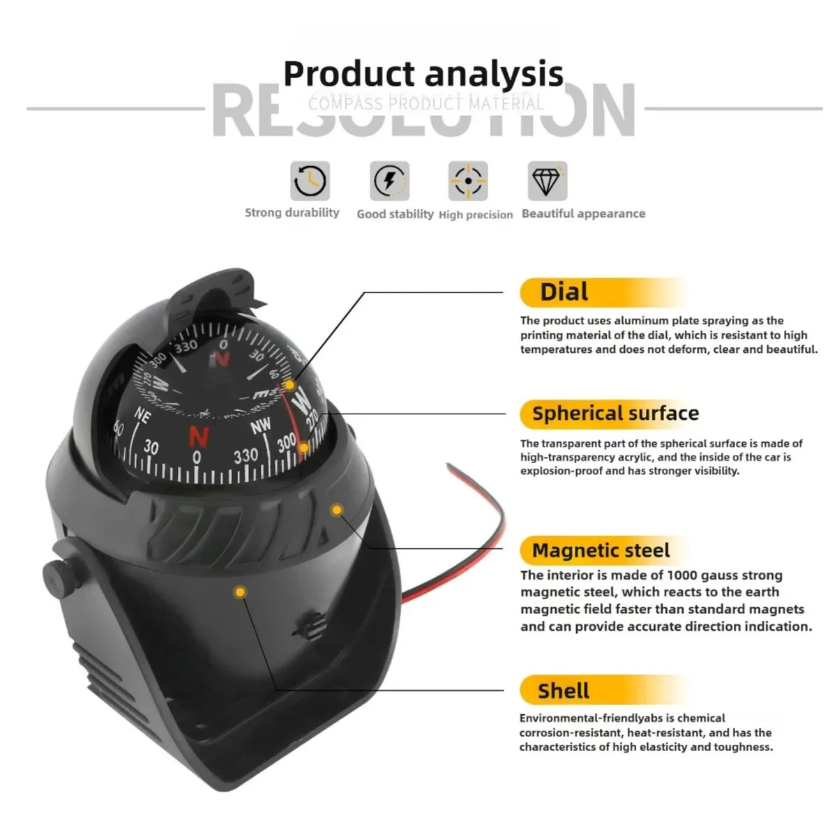 LED Light Electronic Compass, High Precision Pivoting Navigation Compass for Boat Car Marine Use