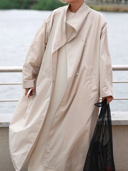 Convertible Collar Oversized Maxi Trench Coat Women Snap Buttons Dolman Sleeve Patch Pockets Outerwear New Ladies Trench Jacket