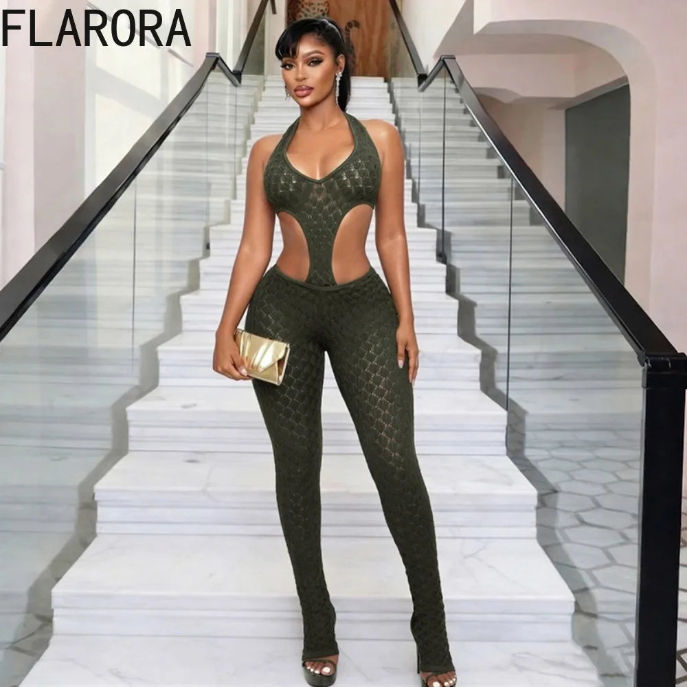 FLARORA Sexy Hollow See Through Jumpsuits Woman Trend Halter V Neck Sleeveless Backless Bandage Jumpsuit Hottie Street Overalls