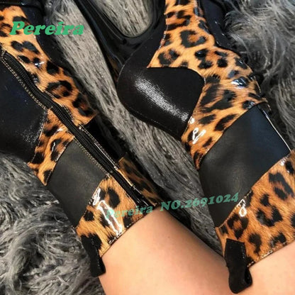 Leopard Print Platform Ankle Boots Round Toe Stiletto High Heels Lace-Up Women's Boots Patchwork Winter Casual Shoes Luxury