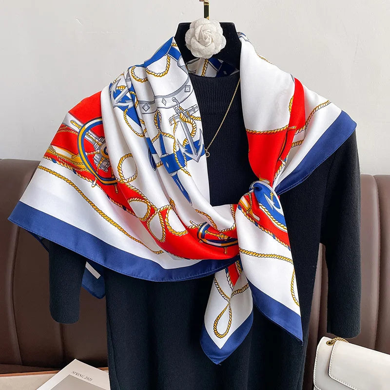 Brand Twill Silk Scarf Women Luxury Shawl Wrap 90cm Square Headband Print Neck Tie Female Hijab Satin Echarpe 2024 Bandana