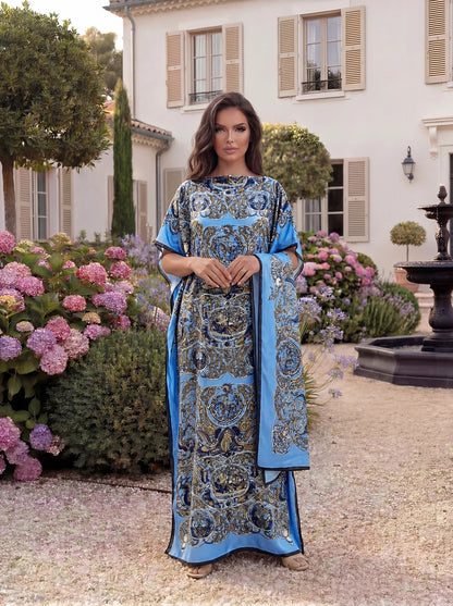 Vintage Baroque Animal Print Abaya With Scarf, Loose Maxi Kaftan For African Muslim Women Summer Beach Holiday Wear