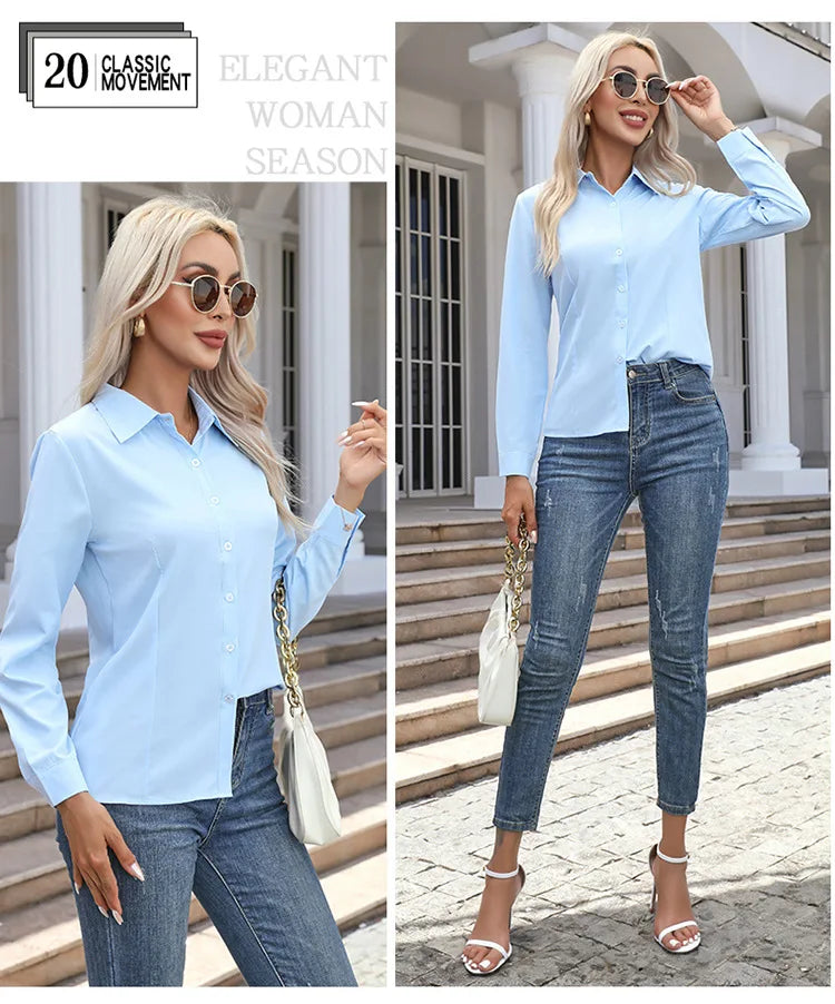 Women Elegant Solid Button Shirt Chiffon Blouse Spring Summer Casual Solid Long Sleeve Turn Down Collar Tunics OL Shirt Tops