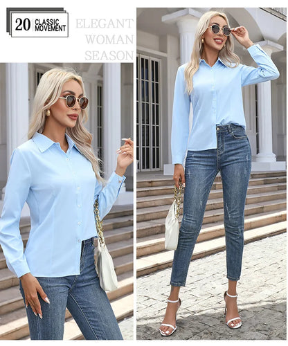 Women Elegant Solid Button Shirt Chiffon Blouse Spring Summer Casual Solid Long Sleeve Turn Down Collar Tunics OL Shirt Tops