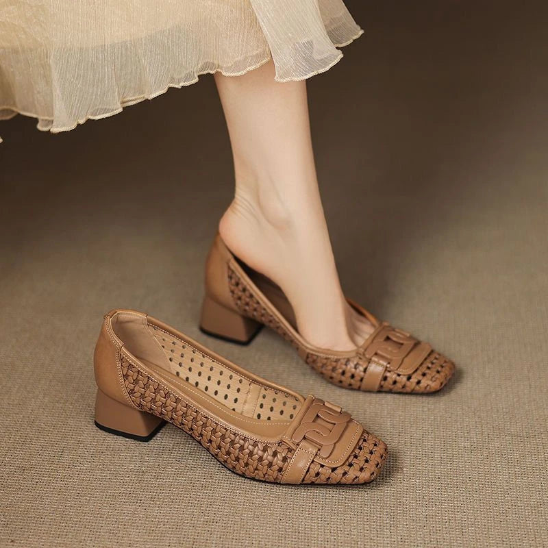 French Retro Woven Women Pumps Breathable Square Toe Block High Heels Elegant Hollow Office Lady Shoes Luxury Designer Sandals