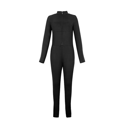 Krisnanas Woman's Clothes Black Jumpsuits Long Sleeve Side Patchwork Striped Zipper Collar Skinny Sporty Yoga Jumpsuit 106346