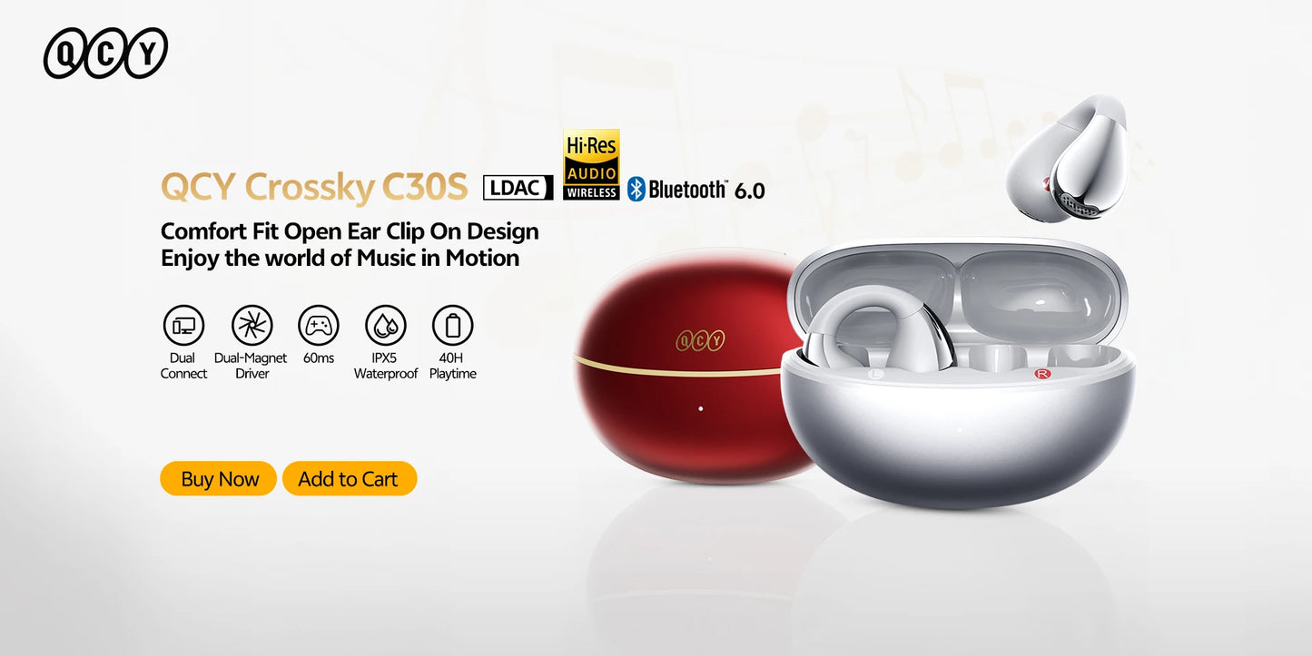 QCY Crossky C30S Open Ear Wireless Earphones Hi-Res with LDAC Ear Clip Earbuds Bluetooth 6.0 Clip On OWS Sports Headphones 40Hrs