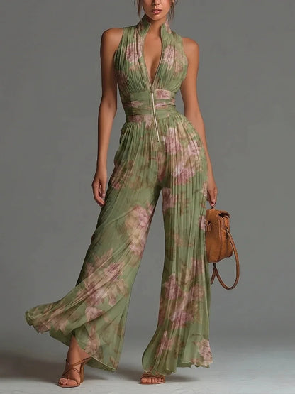 Women Elegant Chiffon Sleeveless Jumpsuit High Waist Pleated Flowy Wide Leg One Piece Overalls Holiday Casual Streetwear Rompers