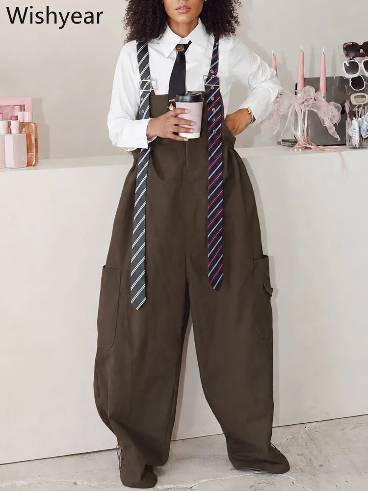 Women’s Overalls Jumpsuit Long Sleeve Shirt Style Patchwork Tie Detail Wide Leg Cargo Pants Casual Office Work Party Streetwear