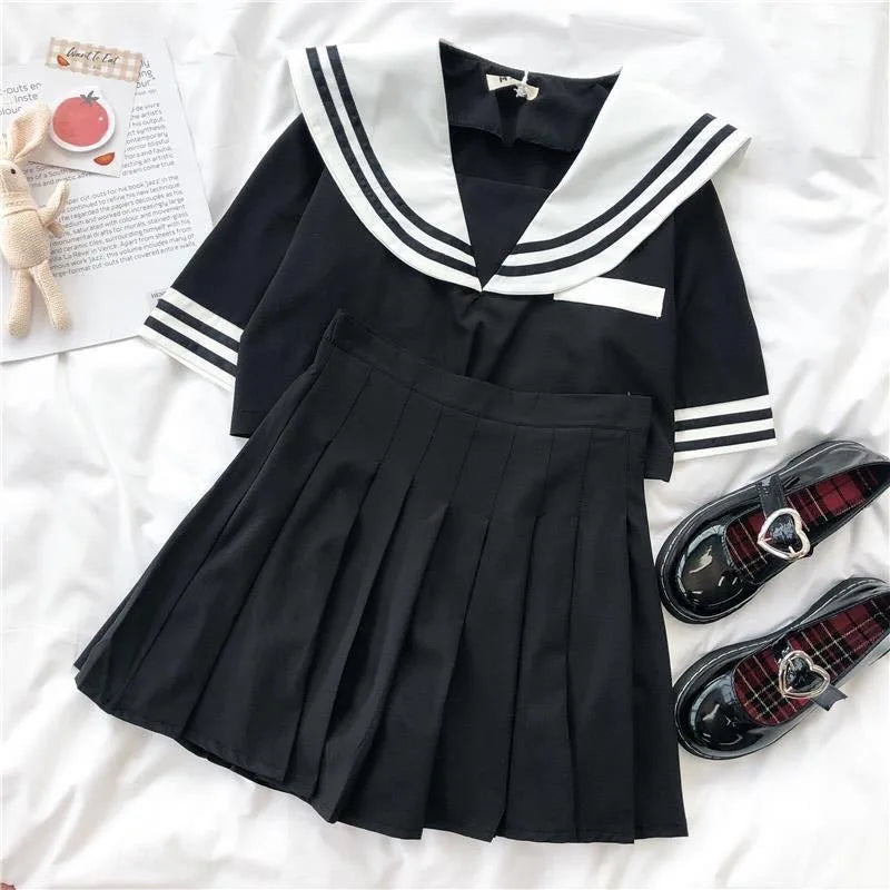 Japanese New Sailor Suit White and Navy Summer Women Student JK Uniform Suit College Style Girls Short Top Pleated Skirt Sets