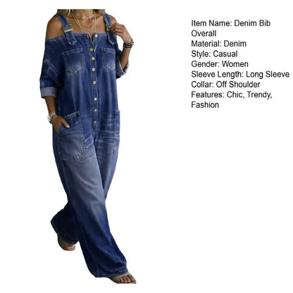 Summer Denim Jumpsuit for Women, Long Sleeve Off Shoulder Loose Bib Overall, Button Down Wide Leg Jeans Romper with Pockets