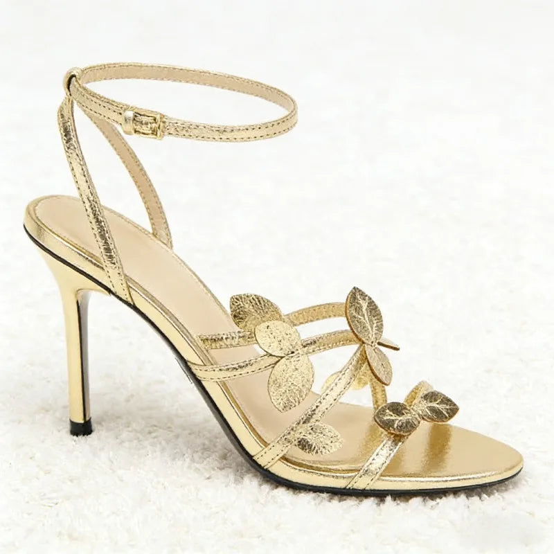 Elegant Gold Leaf Narrow Band High Heeled Sandals Women Fashion Open Toe Ankle Buckle Dress Shoes Luxury Brand Designer Shoes