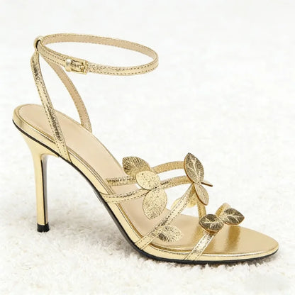 Elegant Gold Leaf Narrow Band High Heeled Sandals Women Fashion Open Toe Ankle Buckle Dress Shoes Luxury Brand Designer Shoes