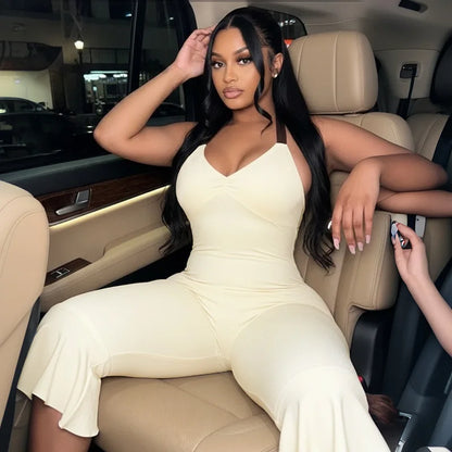 Joskaa Bowknot Decorate Halter Apricot Jumpsuit Women Hipster Sexy V-neck Backless Bandage Skinny Rompers Beach Holiday Clubwear